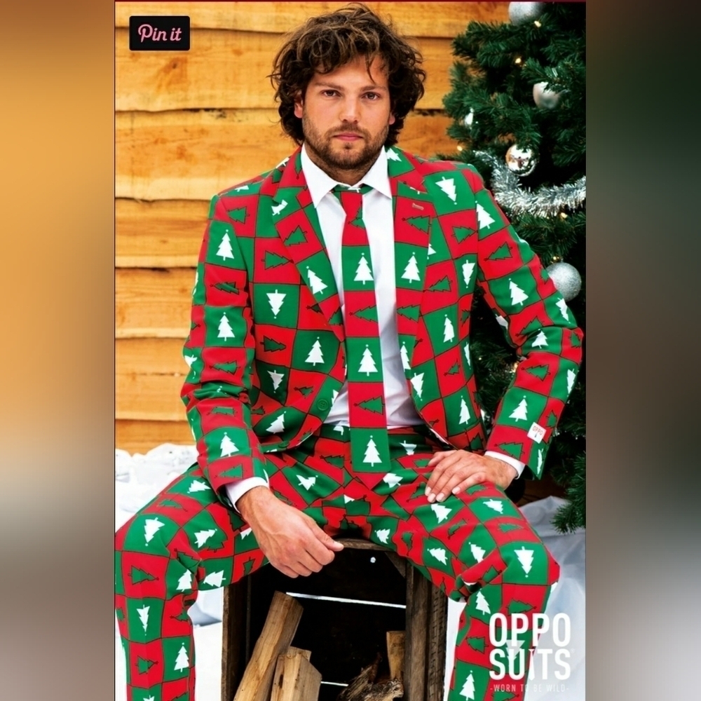 Oppo Suit Mens 3 Piece Christmas Suit Holiday Party Trees Size 40 R New
